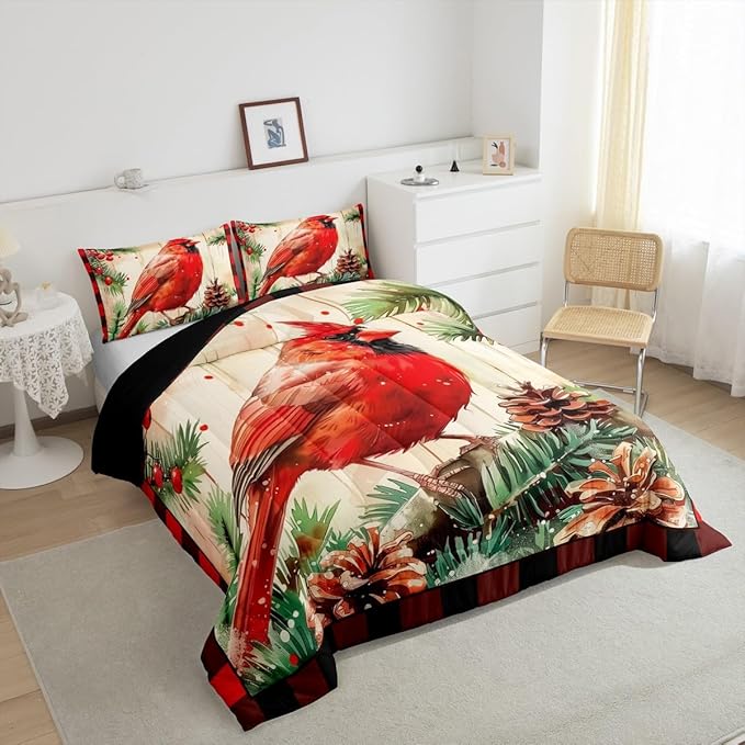 jejeloiu Kids Red Cardinal Comforter Set King Size Christmas Red Black Plaid Bedding Set for Boys Girls Teens Xmas Birds Winter Rustic Wood Plank Animal Duvet Quilt Room Decor