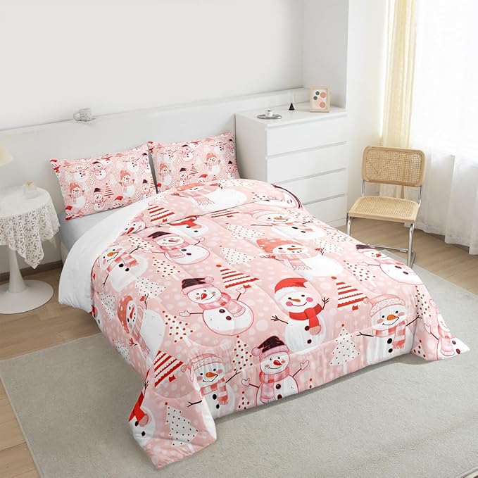 Manfei Christmas Comforter Set King Size, Snowman and Xmas Trees Down Comforter with 2 Pillowcases, New Year Pink Bedding Set 3pcs for Kids Girls Adults Bedroom Decor Lightweight Duvet Insert