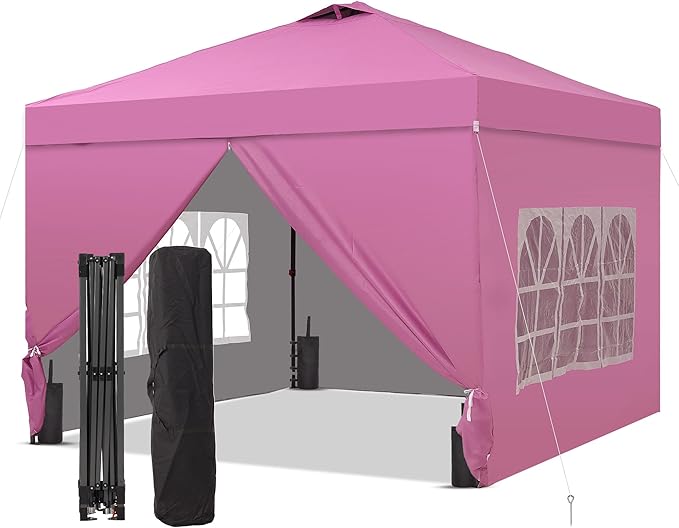 GDY 10x10 Pop Up Canopy Tent with 4 Sidewalls, Easy Set up with One Push Lift Outdoor Silver Coated Beach Gazebos, Carpas with 4 Sandbags, for Pool, Events, Parties, and Camping, Pink.