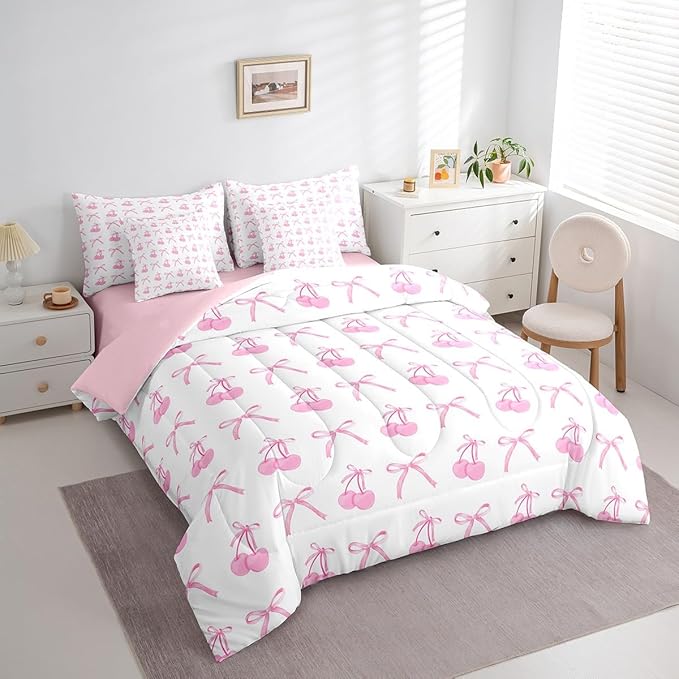 7 Pieces Cherry Bowknot Kid Comforter Set Full,Pink Bow Tie Butterfly Knot Princess Bedding Set,Cartoon Bow Patchwork Dreamy Sweet（Comforter+Fitted+Flat Sheet+2 Pillowcases+2 Throw Pillow Covers）