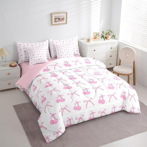 7 Pieces Cherry Bowknot Kid Comforter Set Full,Pink Bow Tie Butterfly Knot Princess Bedding Set,Cartoon Bow Patchwork Dreamy Sweet（Comforter+Fitted+Flat Sheet+2 Pillowcases+2 Throw Pillow Covers）