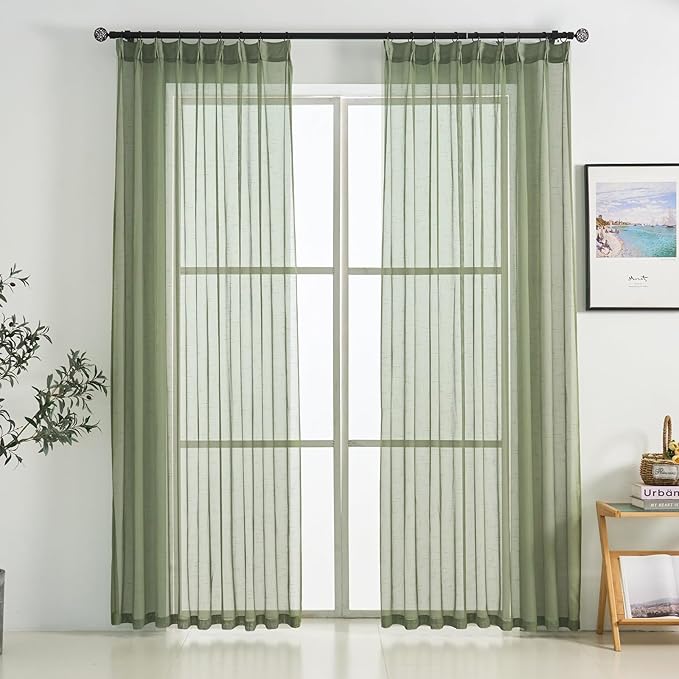 Sage Green Pinch Pleated Sheer Curtains 96 Inches Long 2 Panels, 50 Inches Width, Rustic Linen Look Light Filtering Drapes Decor, Thin Textured Transparent Window Curtain Panels