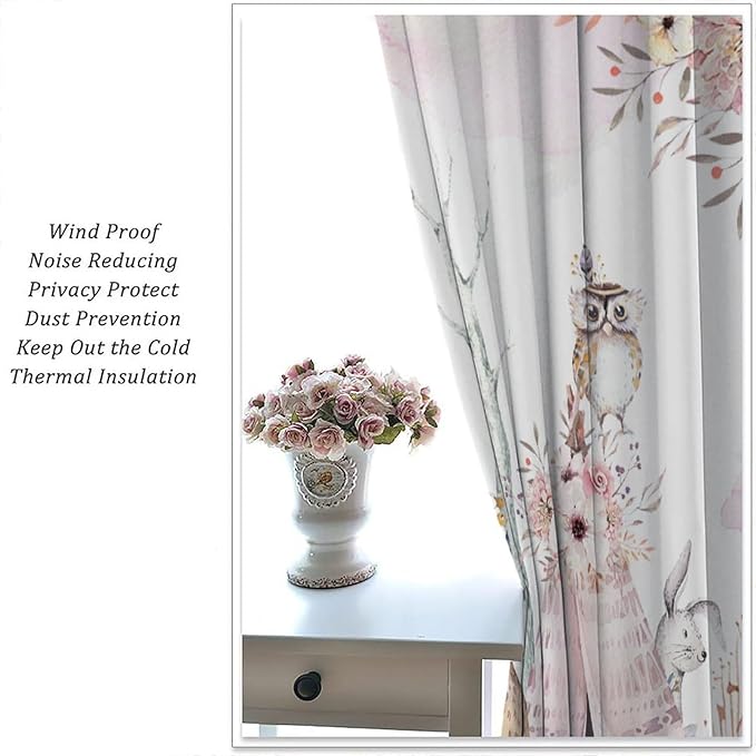 Forest Animal Curtains for Kids, Pink Watercolor Woodland Animal Window Treatments Fox Deer Owl Wildlife Safari Jungle Bear Window Drapes for Girls Nursery Toddler Bedroom 55x63in