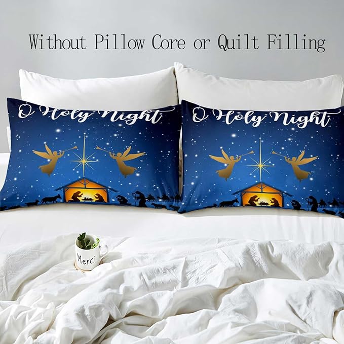 LUVIVIHOME 3PCS Christmas Duvet Cover King Bedding Set, Navy Blue Duvet Cover, Galaxy Oh Holy Night Nativity Scene Angel Winter Holiday Xmas Christmas Comforter Cover, Bed in a Bag, 2 Pillow Cases