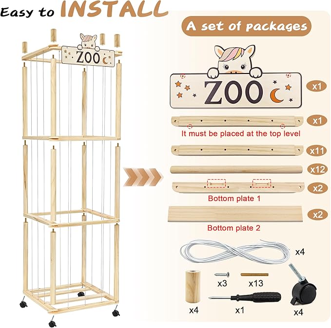 Wooden Stuffed Animal Storage Zoo Organizer - Large Capacity Plushies Holder with Elastic Cords for Stuffed Animals Storage in Playroom, Bedroom and Nursery