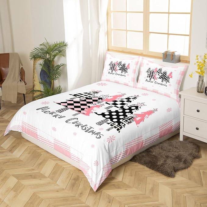 Merry Christmas Duvet Cover Set King Size, Pink Plaid Xmas Trees Bedding Set 3pcs, New Year Holiday Quilt Cover with Zipper Closures, Kids Girls Santa Claus Room Decor, 2 Pillowcases, No Comforter