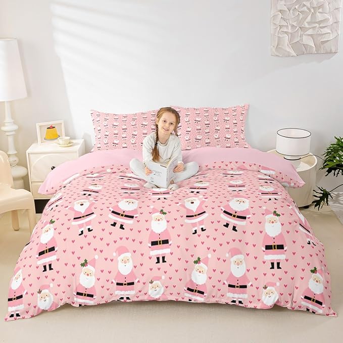 Feelyou Christmas Bedding Set for Kids Boys Girls Cute Santa Claus Comforter Cover Set Cartoon Xmas Theme Duvet Cover Bedroom Decor Pink Dreamy Heart Bedspread Cover Full Size Bedding Collection 3Pcs