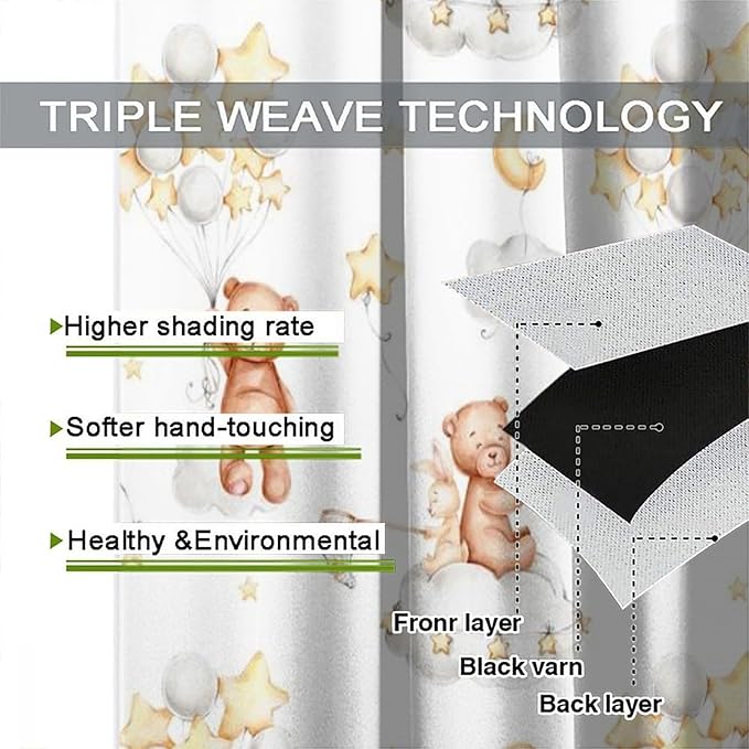 Cartoon Bear Curtains, Cute Lovely Bear Star Cloud Ballon Pastel Blackout Window Treatments, Rod Pocket Thermal Insulated Drapes 2 Panel Sets for Kids Bedroom Nursery Classroom, 42" W X 54" L