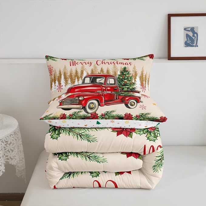Erosebridal Merry Christmas Bedding Set Red Truck Queen Comforter Set for Kids Boys Girls Teens Room Decor,Xmas Tree Down Comforter Red Black Buffalo Plaid Decor Bed Set Car Printed Themed Quilt Set