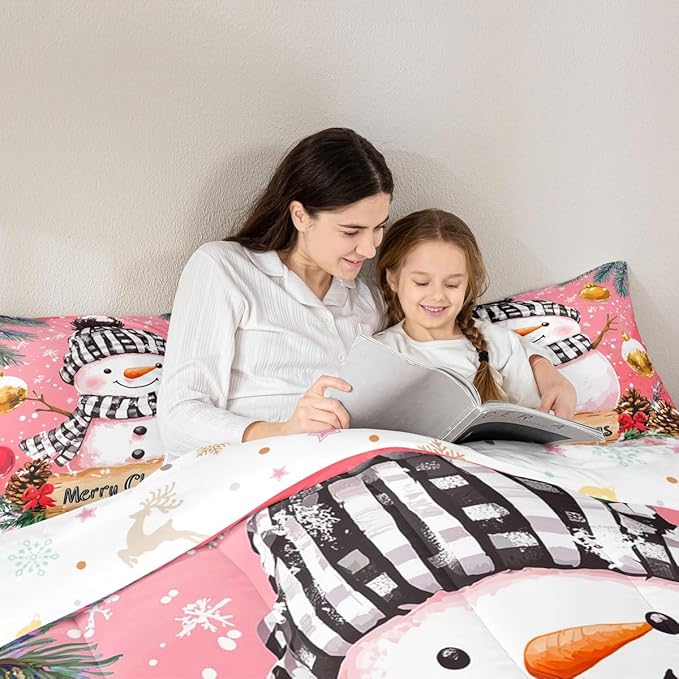 Feelyou Merry Christmas Kids Comforter Set King Size Cute Snowman Bedding Set Snowflake Duvet Quilt for Kids Boys Girls Bedroom Winter Decor Microfiber Ultra Soft Breathable