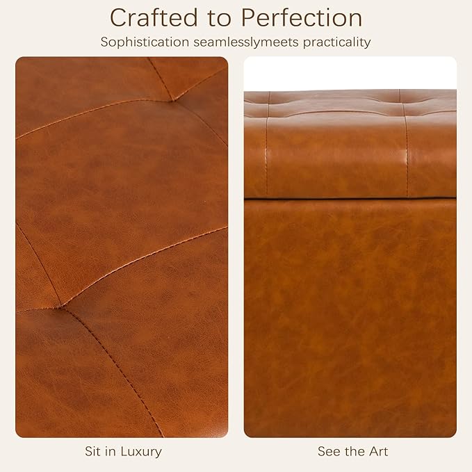Asense Storage Ottoman Bench, Faux Leather Upholstered End of Bed Bench with Safety Hinge Wooden Legs, for Entryway Bedroom (Reddish Brown, 33.3")