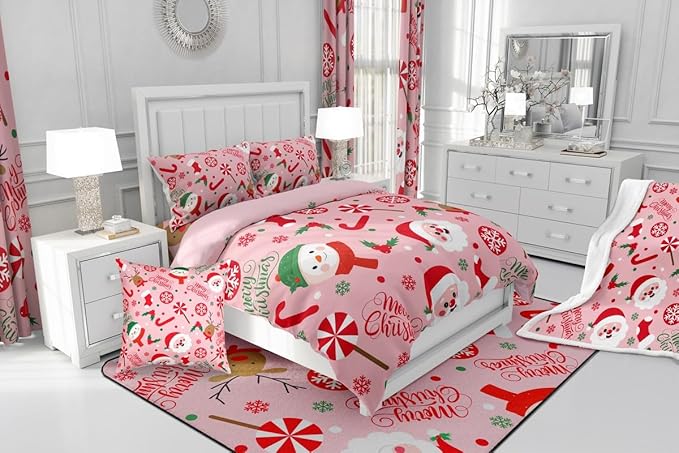 Feelyou Merry Christmas Kids Comforter Set Queen Size Santa Claus Snowman Bedding Set Deer Berries Duvet Quilt for Kids Boys Girls Bedroom Snowflake Decor Microfiber Ultra Soft Breathable