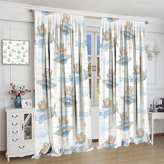 Cartoon Bear Curtains, Lovely Bear Adventure Airplane Blue White Stripe Blackout Window Treatments, Rod Pocket Thermal Insulated Drapes 2 Panel Sets for Kids Bedroom Nursery Classroom, 42"W X 45"L