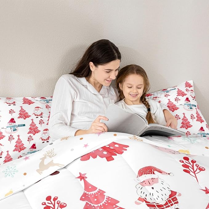 Feelyou Merry Christmas Comforter Set All Season Xmas Tree Snowman Bedding Set with 1 Pillow Cases Santa Claus Microfiber Kids Toddler Bedclothes Bedroom Decor Duvet Quilt Breathable Soft