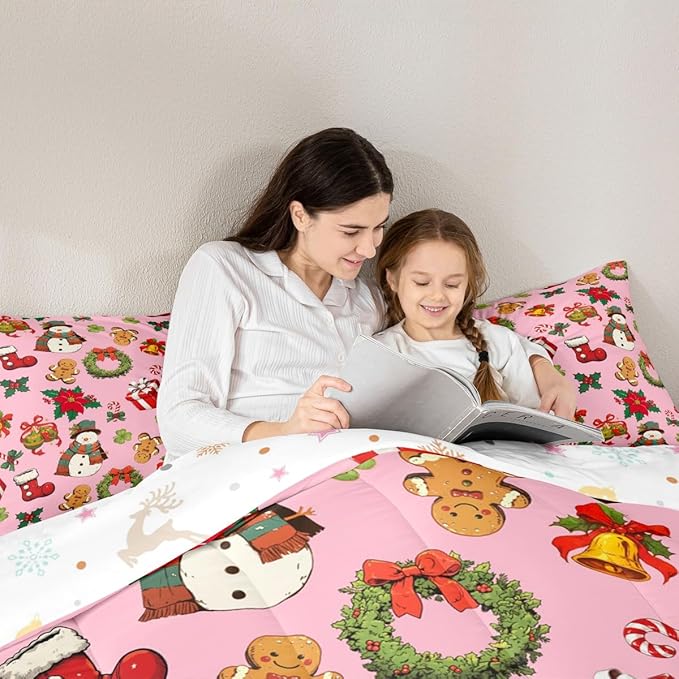 jejeloiu Merry Christmas Comforter Set Queen Size Cute Snowman Bedding Set for Kids Boys Girls Gingerbread Man Duvet Quilt Pink Bedroom Decor