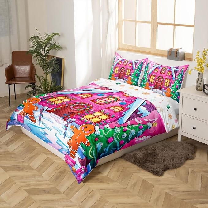 Feelyou Merry Christmas Comforter Cover Set Gingerbread Man Bedding Set Queen Size for Kids Boys Girls Bedroom Bed Decor Christmas Duvet Cover Set Soft Quilt Cover,No Comforter