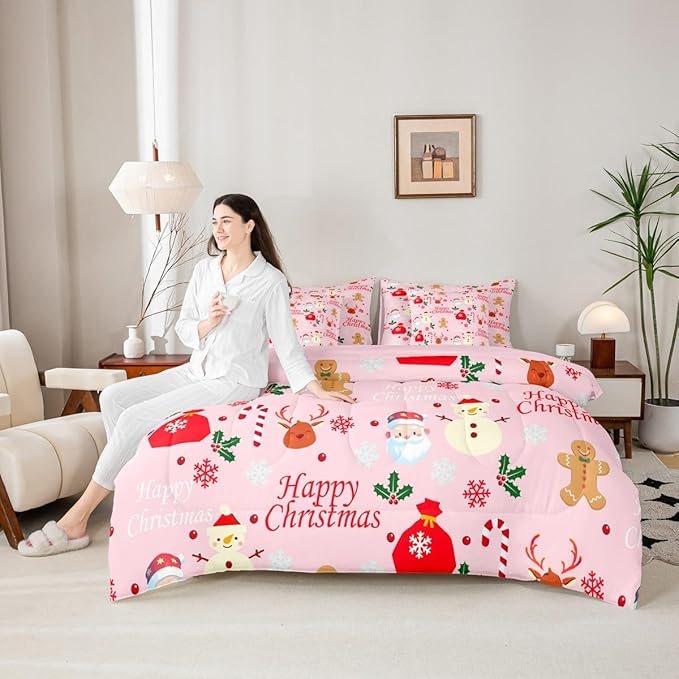Christmas Deer King Comforter Set with Sheets for Kids Boys Girls Cute Gingerbread Man 7 Pieces Bedding Set Christmas Santa Claus Bed in a Bag Reversible Pink Decor Room Decor Soft Lightweight
