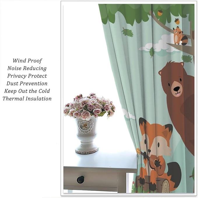 Forest Animals Curtains Colorful Forest Cartoon Cute Fox Bear Giraffe for Kids Boys Girls Nursery Bedroom Living Room Blackout Rod Pocket Decoration Window Drapes 2 Panels W31.5xL72in