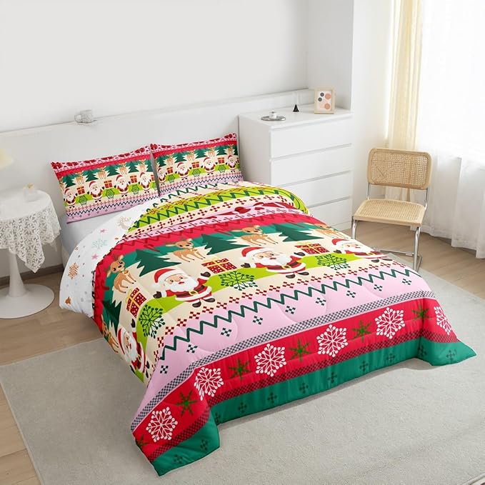 Feelyou Merry Christmas Comforter Set Twin Size Santa Claus Bedding Set for Kids Boys Girls Cute Deer Duvet Quilt Snowflake Bedroom Decor Microfiber 2 Pcs with 1 Pillow Cases