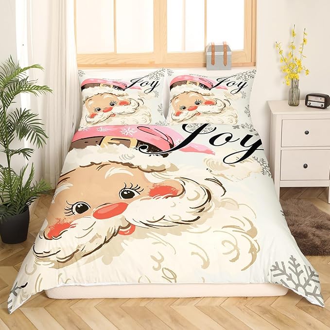 jejeloiu Pink Christmas Bedding Set for Kids Boys Girls Santa Claus Comforter Cover Set Twin Size New Year Decor Duvet Cover Bedroom Decor Xmas Bedspread Cover Bedding Collection 2Pcs