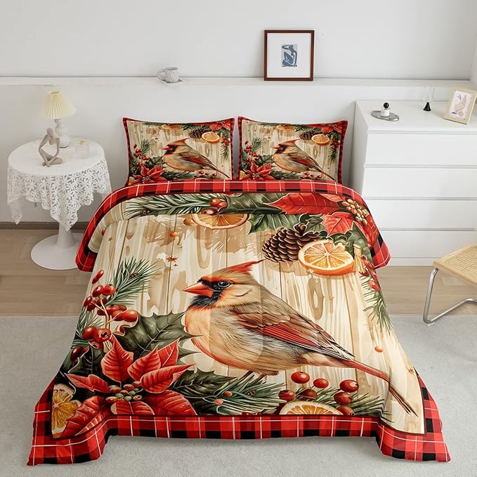 jejeloiu Kids Red Cardinal Comforter Set Queen Size Christmas Red Black Plaid Flower Bedding Set for Boys Girls Teens Xmas Birds Animal Lemon Winter Wood Plank Duvet Quilt Room Decor