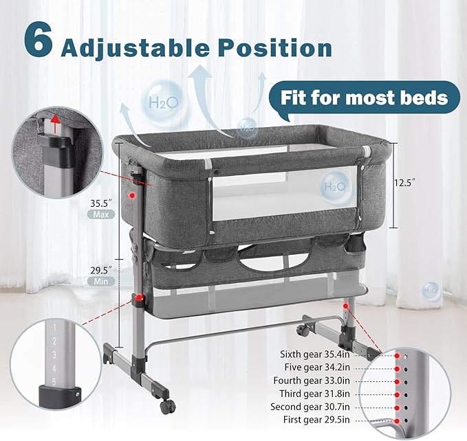 Ihoming Baby Bassinet Bedside Sleeper, Baby Bed Side Crib with Storage Basket, Easy Folding Bassinets, Adjustable Baby Bed for Infant Newborn, Gray