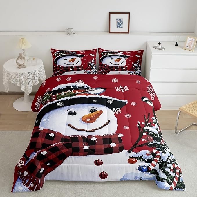 Feelyou Kids Christmas Theme Decorations Bedding Set Xmas Snowman Comforter Set for Boys Girls Snowflake Kawaii Cute Comforter Red Quilt Set Bedroom Collection Twin Size