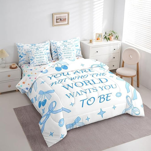 7 Pieces Blue Bowknot Kids Comforter Set Twin,Cherry Tropical Fruit Cartoon Princess Bedding Set,Bow Tie Stars Daisy Cute Blue Dreamy（Comforter+Fitted+Flat Sheet+2 Pillowcases+2 Throw Pillow Covers）