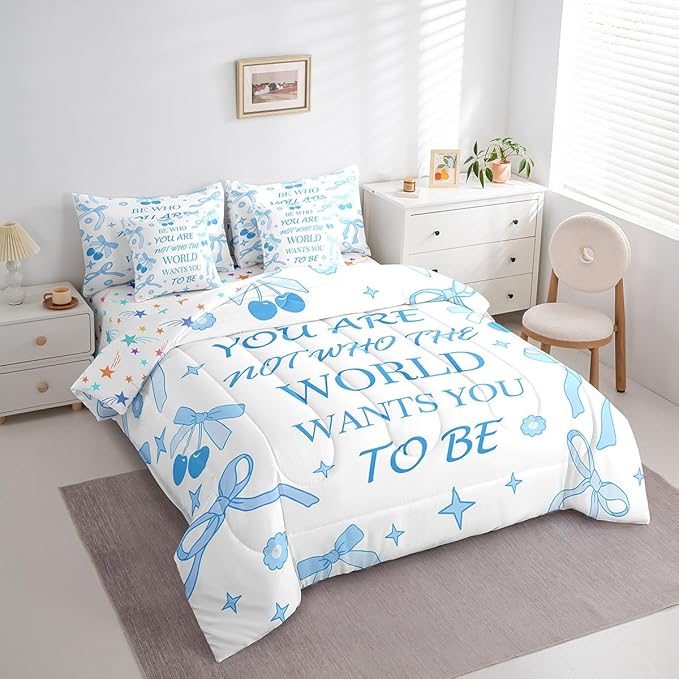 7 Pieces Blue Bowknot Kids Comforter Set Full,Cherry Tropical Fruit Cartoon Princess Bedding Set,Bow Tie Stars Daisy Cute Blue Dreamy（Comforter+Fitted+Flat Sheet+2 Pillowcases+2 Throw Pillow Covers）
