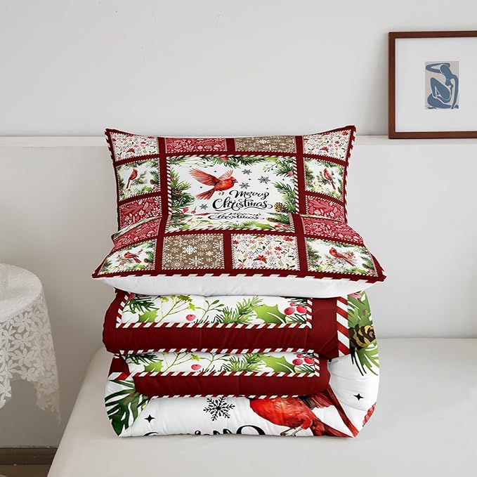 Castle Fairy Merry Christmas Comforter Set King Size,Xmas Patchwork Watercolor Cardinal Bird Bedding Set All Season Quilt Set,Floral Leaves Snowflakes Plaid Microfiber Polyester Down Comforter