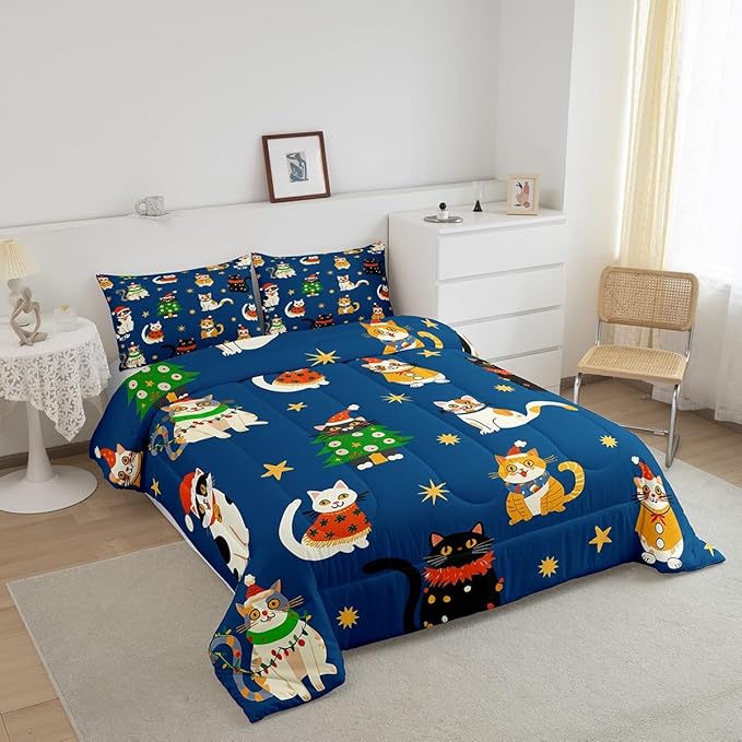 Erosebridal Merry Christmas Kids Cartoon Bedding Set Full Size Cute Cat Comforter Set Xmas Tree Quilts for Teens Boys Girls Room Decor,Kawaii Animals Duvet Insert,Blue