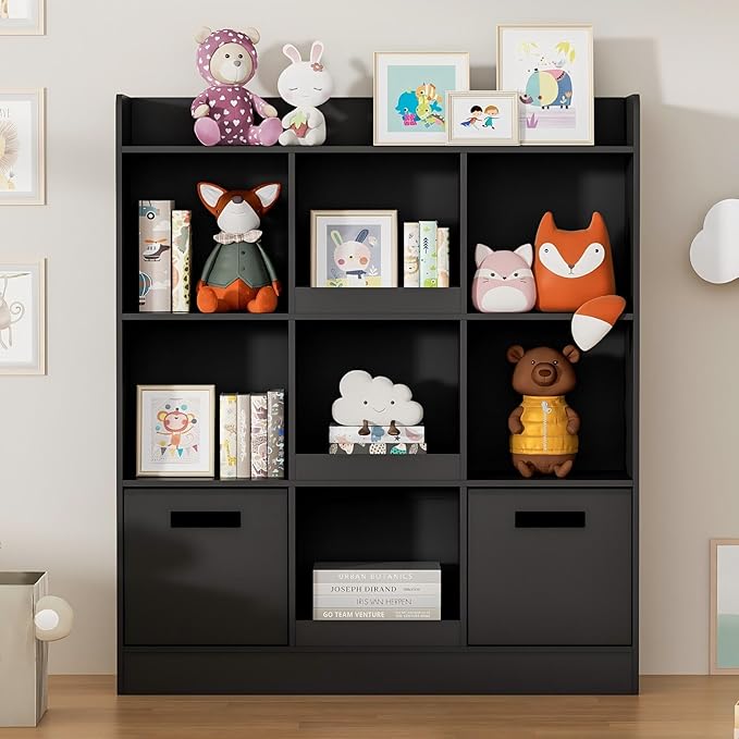 Kids Bookshelf with 9 Cube, Toy Storage Organizer with 2 Fabric Drawers, 3-Tier Freestanding Wooden Open Shelf Bookshelf, Modern Kids Display Bookcase for Bedroom, Living Room, Office, Black