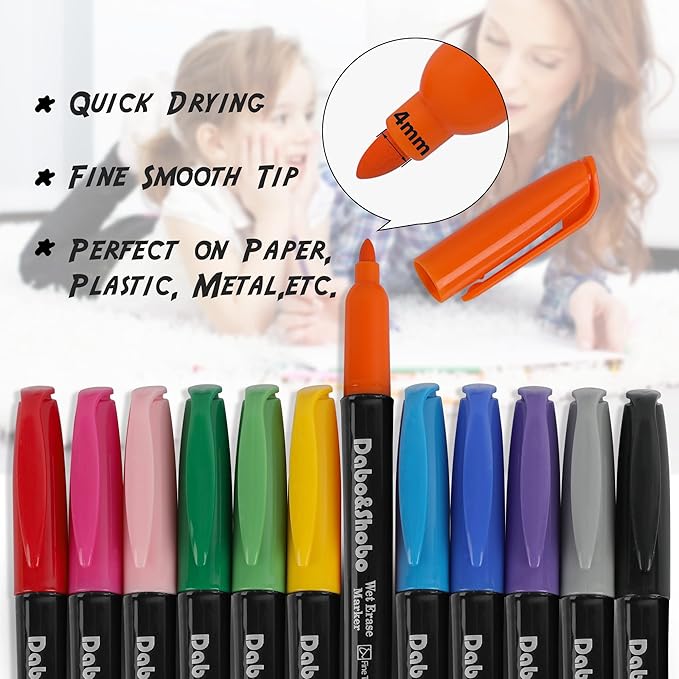 Dabo&Shobo Wet Erase Markers, 48-Count Smudge-Free, 12 Colors Fine Tip, Erases with Water! Low Odor Markers for Office, School & Home