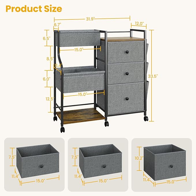 Baby Diaper Caddy, 3 Tier Baby Organizer and Storage Cart with Dividers and Drawers, Mobile Utility Rolling Cart, Baby Newborn Essentials Storage Cart with Wheels for Nursery, Bedroom, Grey