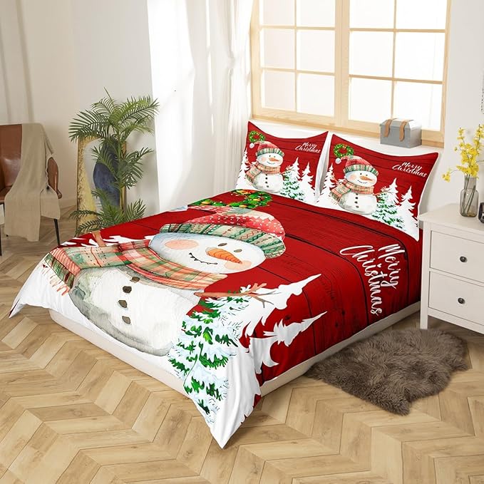 Manfei Merry Christmas Duvet Cover Set Twin Size, Cute Snowman and Xmas Tree Print Comforter Cover with 1 Pillowcase, Red Wooden Stripe Print Bedding Set 2pcs for Kids Girls Bedroom Decor,No Comforter