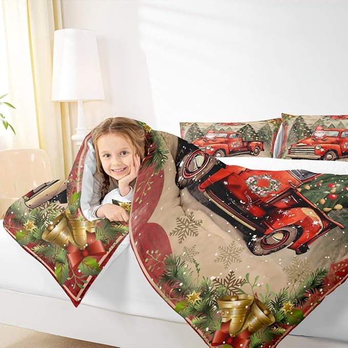 Manfei Red Truck Comforter Set Queen Size, Xmas Trees Santa Claus Snowflake Bedding Set 3pcs for Kids Boys Girls Room Decor, Christmas Theme Down Comforter New Year Quilt Set with 2 Pillowcases