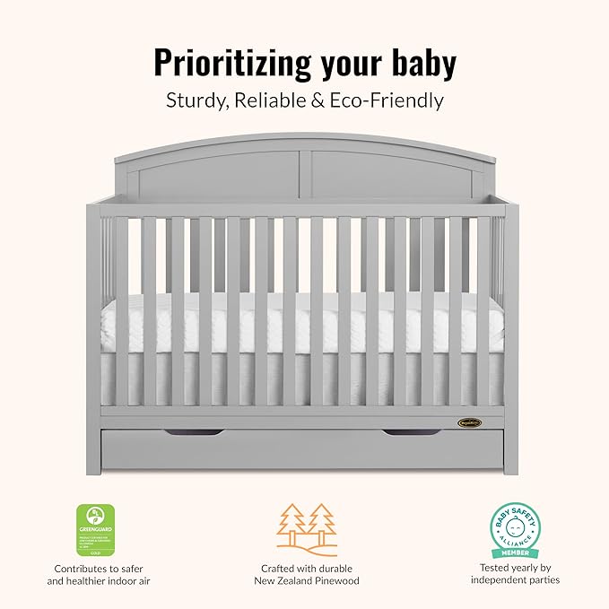 Dream On Me Storybrooke 5-in-1 Convertible Full-Size Crib with Under Drawer, Pebble Grey, GreenGuard Gold & JPMA, Convert to Toddler, Day & Full-Size Bed, 3 Mattress Heights, Sustainable Pinewood