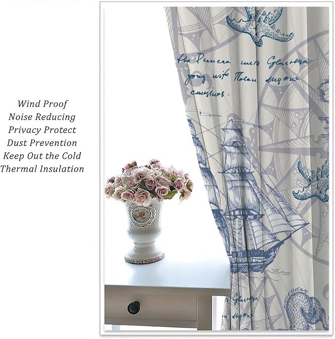 Nautical Sailboat Map Curtain,Ship Compass Lighthouse Anchor Decorative Curtain Polyester Fabric Waterproof Bedroom Curtain Set 2 Panels,52x84 Inches