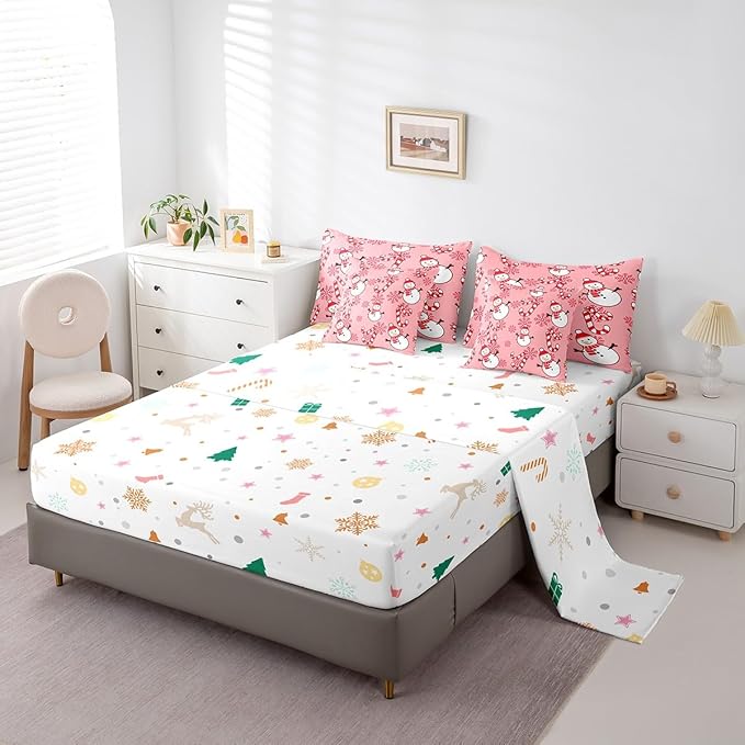 Christmas Kids Bedding Set Cartoon Snowman Comforter Set with Sheets for Boys Girls Snowflake New Year Decor Bed in a Bag Pink Xmas Theme Bed Set 7Pcs Queen Size