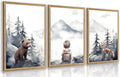 Cyebmo Woodland Boy Nursery Wall Art Set of 3, Whimsical Boy Adventure Wall Decor, Mountain Forest Animal Bear Fox Canvas Painting for Classroom Kids Room Baby Nursery Wood Framed 16"x24"x3