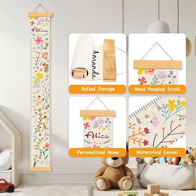 Personalized Name Growth Chart Wall Decor for Kids – Canvas Removable Height Chart Measuring Ruler 59" x 7.9" (Flowers and Plants)