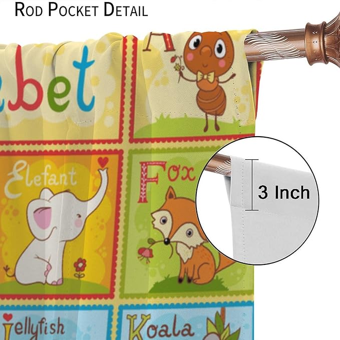 Alphabet Curtains Kids Educational Learning Tool Baby Cartoon Animals Colorful Curtain with Rod Pocket for Bedroom Living Room Decor Drapes Window Treatments 2 Panels Set 72" W X 63" L