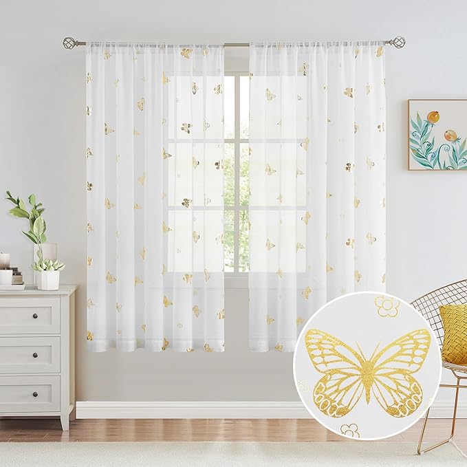 Jubilantex Butterfly White Sheer Curtain Panels for Kids Nursery Girl, Gold Print Toddler Linen Textured Voile Rustic Rod Pocket Drapes 63 Inch for Farmhouse, Living Room, Bedroom, 2 Panels
