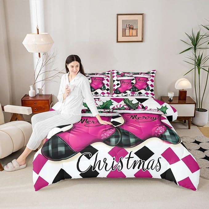 Feelyou Merry Christmas Comforter Set All Season Cartoon Shoes Bedding Set with 2 Pillow Cases Microfiber Kids King Bedclothes Winter Bedroom Decor Duvet Quilt Breathable Soft