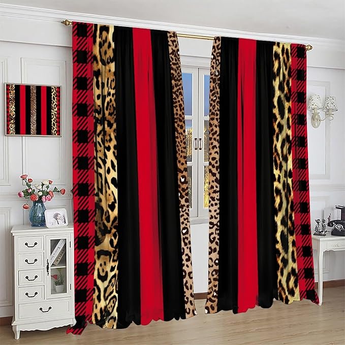 Leopard Skin Blackout Window Curtains, Brown Cheetah Red Black Plaid Stripe Print Window Drapes for Kids Boy Girls Bedroom Living Room 63" W X 63" L