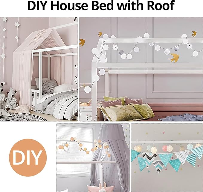 LLS Full Size Montessori Floor Bed Frame with Slats and Fence, Wooden House Bed for Boys Girls Bedroom, White