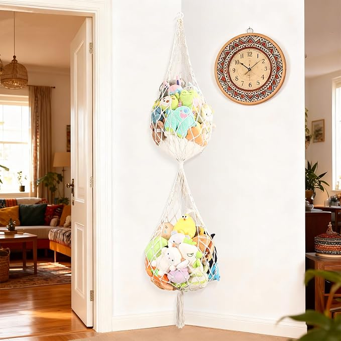 Upgrades Stuffed Animal Net Corner Stuffed Animal Storage Hammock for Kids' Wall Room Decor Hanging Toy Storage Plushie Net Organizer Holder Kids Baby Nursery Wall Bedroom Home Decor (2 Tier, XXL)