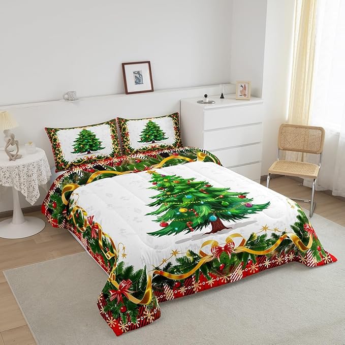 Christmas Tree Comforter Set Queen Size,Merry Christmas Bedding Set for Kids Boys Girls Room Decor,Snowflake Bowknot Green Pine Leaves Duvet Insert 3Pcs,Xmas Plaid Patchwork Quilt Set,2 Pillowcases