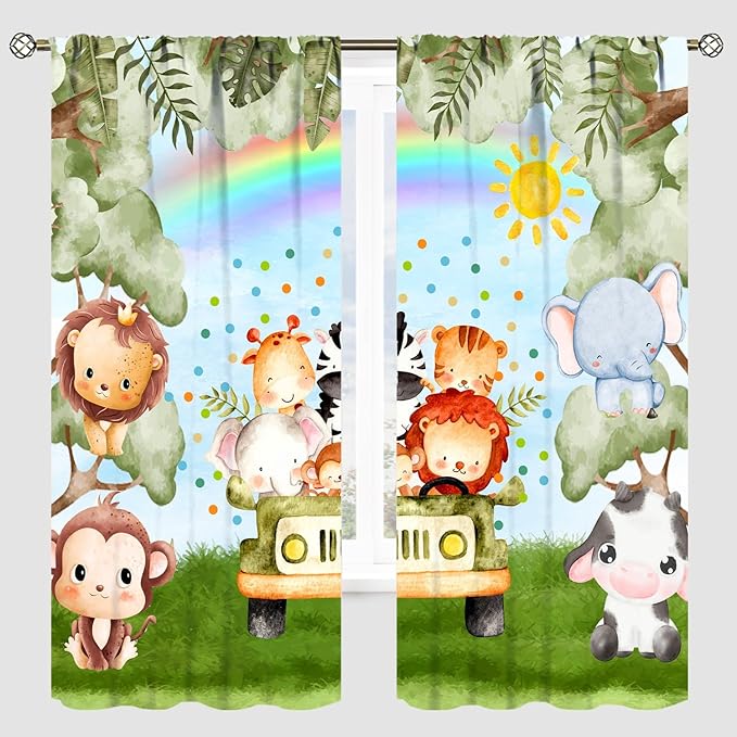 Woodland Kids Curtains Rustic Woodland Wild Animals Watercolor Forest Rainbow Sun Window Draeps for Baby Girls Boys Kids Nursery Bedroom Living Room 2 Panels, 52x84 Inch
