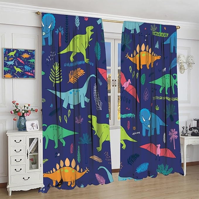 Dinosaurs Blackout Curtains Cute Cartoon Animals Dino Tropical Plant Colorful Art Print for Kids Boys Bedroom Living Room Rod Pocket Decoration Window Drapes 2 Panels W21xL63in